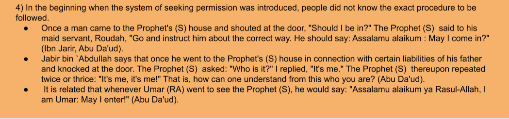 <ol><li><p>the Prophet SAWS sent a servant who taught him the right way</p></li><li><p>The Prophet SAWS repeated the phrase, showing how it doesn’t help saying this</p></li><li><p>Oh Rasool Ullah, I am omar, may I enter?</p></li></ol><p></p>