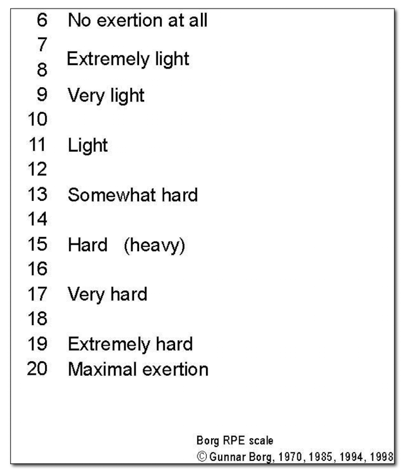 <ul><li><p>subjective measurement that can be used to determine intensity of aerobic workout</p></li></ul><p></p><p>Determined by:</p><ul><li><p>cue of increased rate of breathing</p></li><li><p>ask if patient senses their HR is faster</p></li><li><p>ask how hard does it feel like you’re working?</p></li></ul><p></p><p>Want to workout b/t 12-16 (50-85% HR max)</p><p></p>