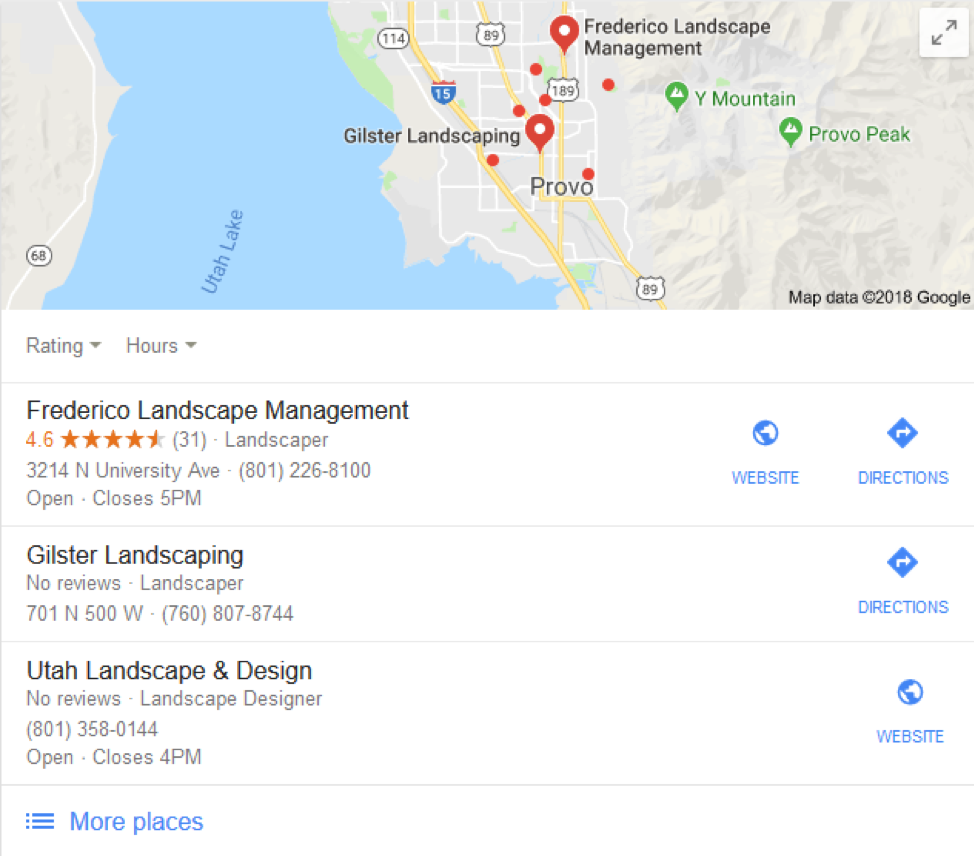<p>A list of three local businesses that match the search and are shown on the map</p>