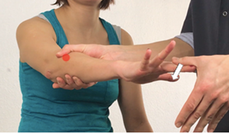 <ul><li><p><strong><u>Purpose:</u></strong> Lateral Epicondylitis</p></li><li><p><strong><u>Procedure: </u></strong></p><ul><li><p>Ask Pt to pinpoint pain (palpate as reference marker—should be lateral epicondyle)</p></li><li><p>Pt seated with 90 degrees shoulder flexion, elbow extended, forearm pronated, fingers extended </p></li><li><p>Stabilize forearm (at elbow) and use other hand to apply resistance at the DIP of the third finger (into flexion)</p></li></ul></li><li><p><strong><u>Positive Test: </u></strong>Reproduction of pain at lateral epicondyle</p></li></ul><p></p>