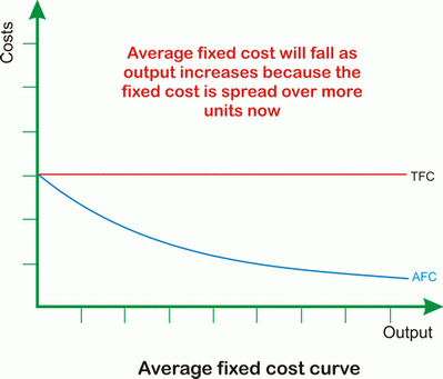 <p>Total fixed costs - constant no matter the output (short run)</p><p>Average fixed costs - decrease as cost spread over a larger output</p>