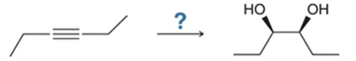 <p>Which reagents will achieve the following transformation?</p><p>A. 1) H2, Lindlar's cat.; 2) RCO3H; 3) H3O+</p><p>B. 1) H2, Lindlar's cat.; 2) KMnO4</p><p>C. 1) Na, NH3; 2) KMnO4</p><p>D. 1) KMnO4; 2) H2, Pd</p>