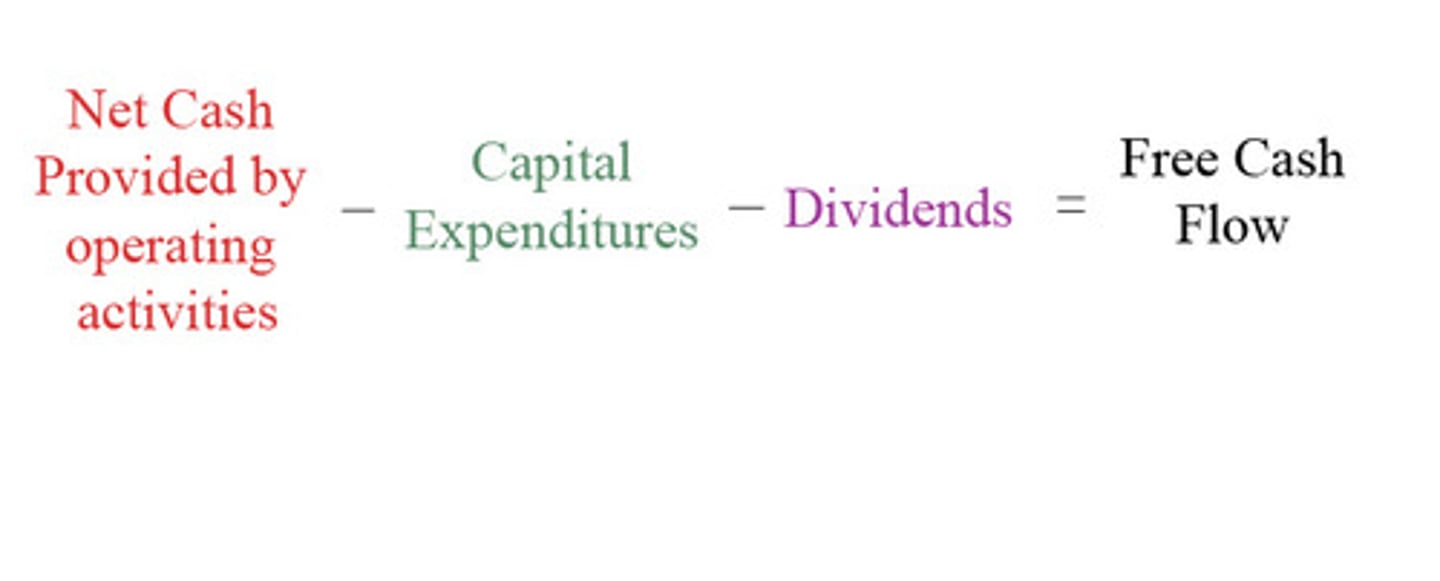 <p>- more sophisticated way to examine a company's financial flexibility is to develop a free cash flow analysis</p><p>- its the amnt of discretionary cash flow a company has</p><p>- it can use this cash flow to purchase additional investments, retire its debt, and purchase treasury stock, or simply add to its liquidity</p><p>- subtract capital spending to indicate it is the least discretionary expenditure a company generally makes</p><p>- then deduct dividends</p><p>- examples of capital expenditure: A cash outflow for purchasing or improving long-term assets (Property, Plant, and Equipment - PPE).</p><p>Found in the Investing section of the Statement of Cash Flows.</p><p>It represents money spent to maintain or expand the company's operations.</p><p>(Purchase of land, Purchase of buildings, Purchase of equipment, Major improvements or upgrades to existing assets)</p>