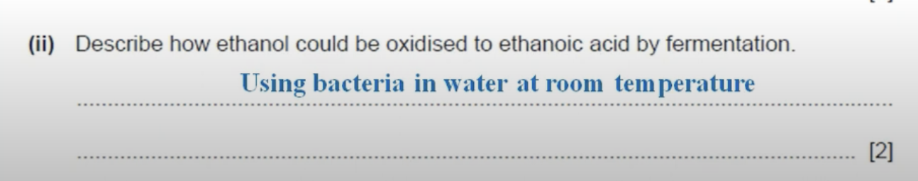 <ul><li><p><strong>Acetobacter bacteria</strong>: This is the primary bacteria used in the aerobic fermentation process. These bacteria are capable of oxidizing ethanol to acetic acid in the presence of oxygen.</p></li><li><p>The process is often referred to as <strong>vinegar fermentation</strong>, because it is the method used to produce vinegar (which contains acetic acid).</p></li></ul><p></p>