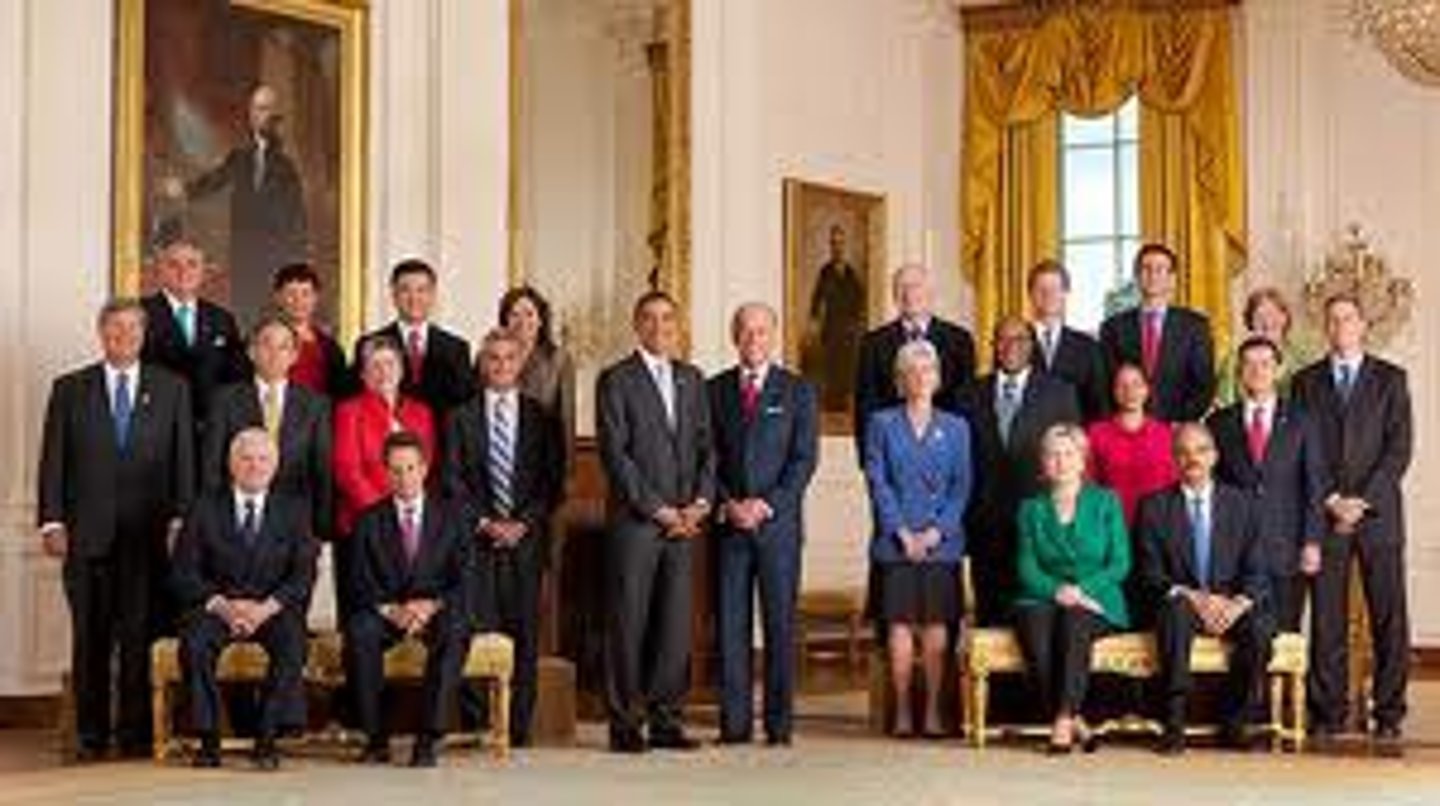 <p>A group of people to help the president. They:</p><p>1. consist of (make up) 15 departments (parts)</p><p>2. give advice to the president in areas of policy</p>