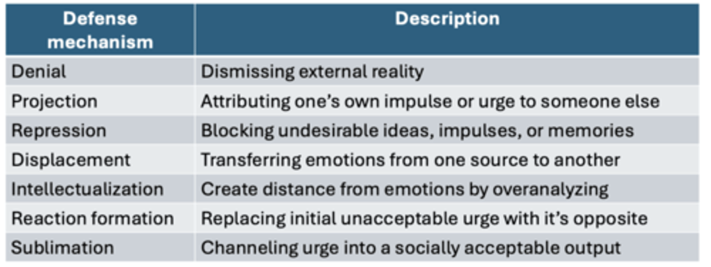 <p>denial</p><p>projection</p><p>repression</p><p>displacement</p><p>intellectualization</p><p>reaction formation</p><p>sublimation</p>