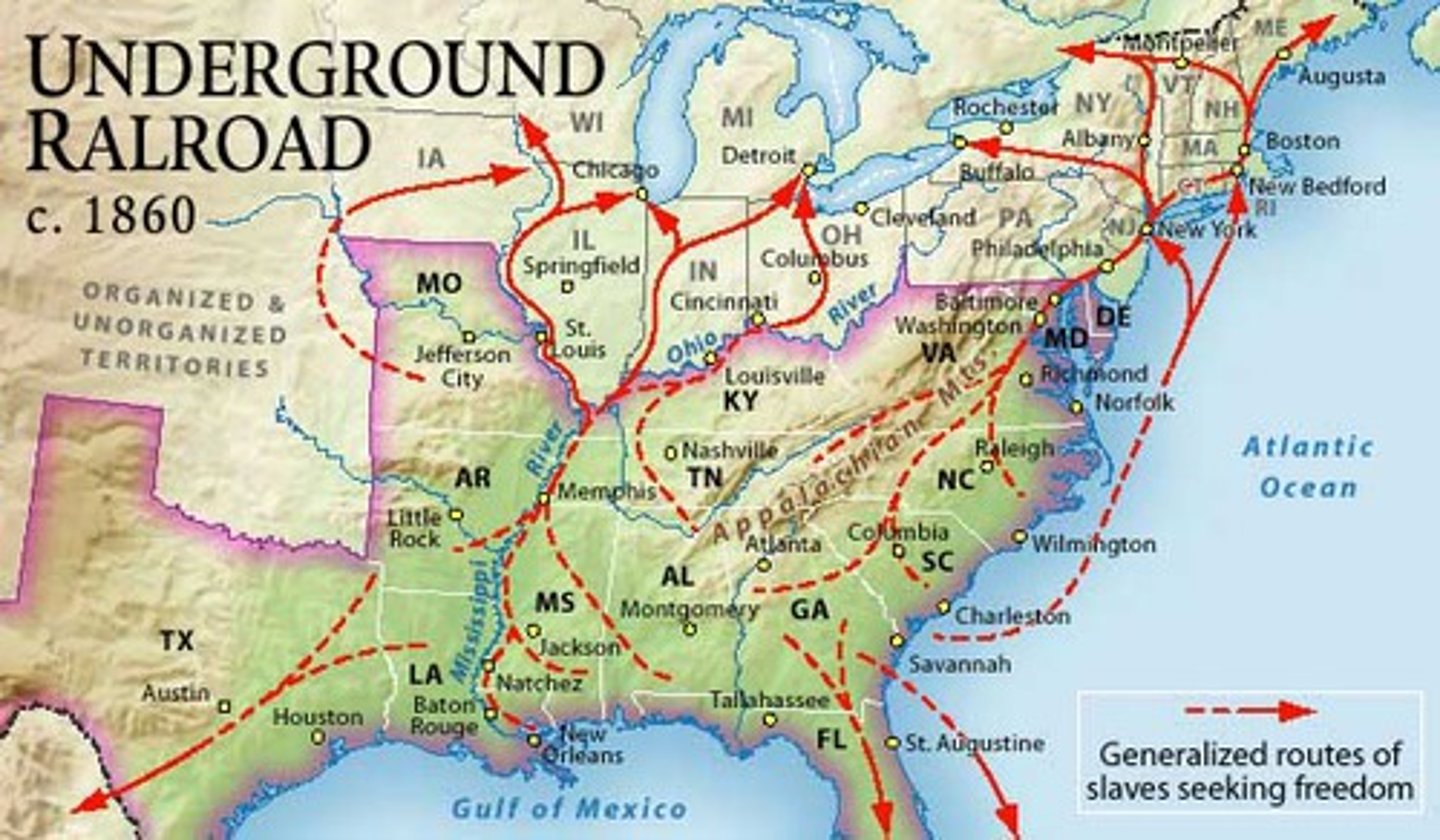 <p>network of secret routes and safe houses to help enslaved people escape to free states and Canada</p>