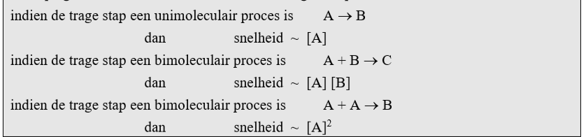 <p>De snelheid wordt vooral bepaald door de reactiesnelheid van de traagste elementaire stap, deze stap noemen we dan <strong>snelheidsbepalend</strong>.</p>