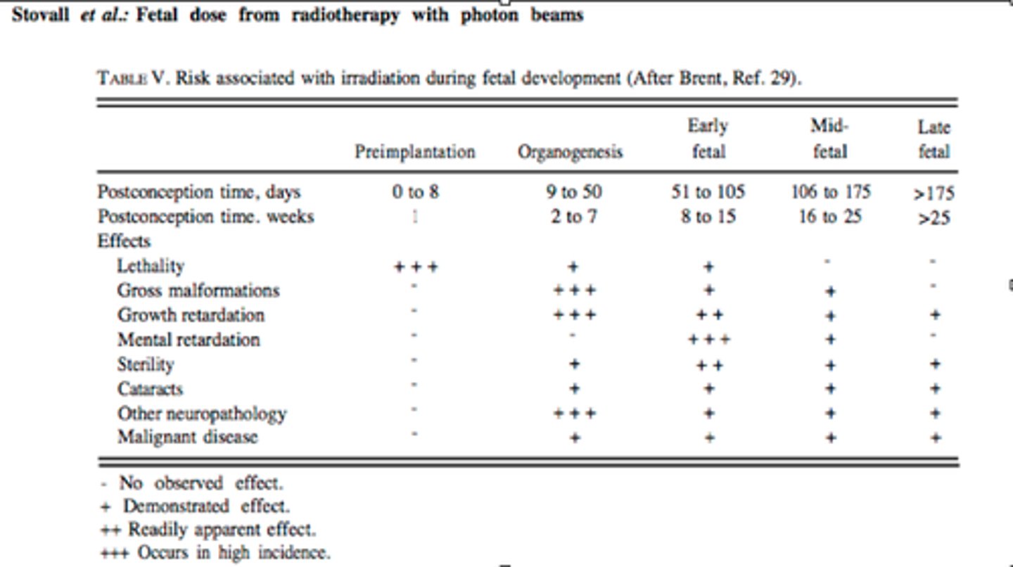 <p>1 week: Lethality</p><p>2-7 weeks: Gross malformations, Growth retardation, general neuropathology</p><p>8-15 weeks: Mental Retardation most, but also Growth retardation, Sterility</p><p>16-25 weeks: lower risk of all above except lethality.</p>