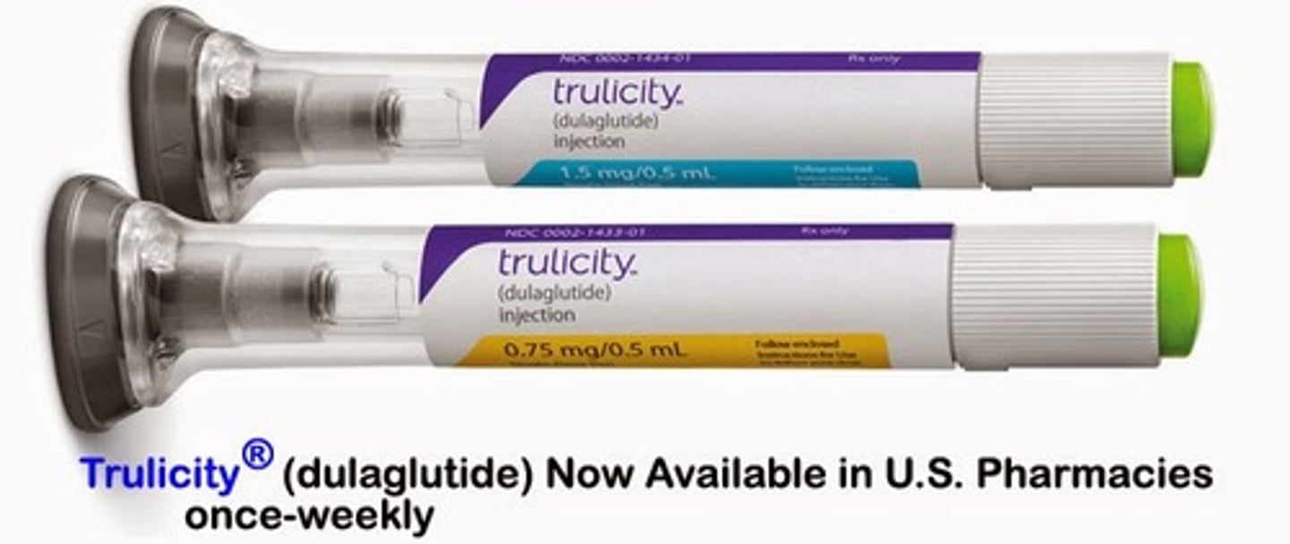 <p>Trulicity</p><p>GLP-1 based therapy</p><p>- recombinant fusion protein composed of 2 identical disulfide-linked chains of GLP-1 analog, covalently fused to human immunoglobulin to prolong t1/2</p><p>- amino acid substitution in human GLP-1</p><p>- SQ once weekly</p>