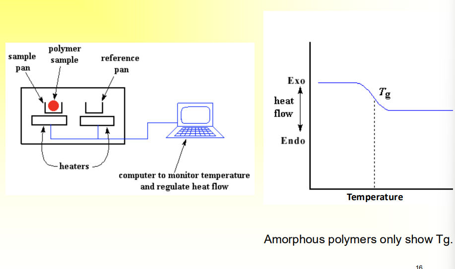 <p>Differential Scanning Calorimetry (DSC)</p><p>Have two pans, sample pan with polymer and reference pan with nothing</p><p>Provide heat to both pans and increase, and measure heat exchange differences.</p>