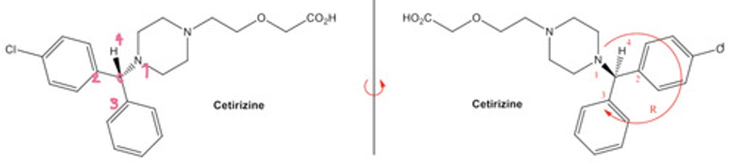<p>- If the priority atom 4 is at the front instead, then we are viewing the molecule from the opposite site. <br>- Therefore, anything that looks clockwise, is really anti-clockwise and vice versa. <br>- So, you would assign chirality as usual and then reverse the answer. <br><br>E.g. in the diagram it looks like S chirality, but H is at the front, so you reverse it meaning it has R chirality.</p>