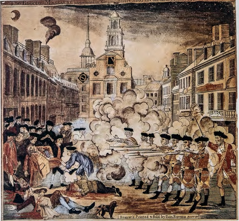 <p><strong>Description</strong>: A hand-colored engraving, called Broadside, which is a printed sheet. Sharp tools were used to cut into copper plate to print onto Broadside and color was applied by hand. It displays the rivalry between the Colonists in blue and the controlling British redcoats. The painting served as propaganda for colonists doubting British’s power/corruption over colonists. The redcoats (British) are seen as violent, as they are holding guns, firing and killing colonists. Eventually leads to Boston Tea Party.</p><p>(Late Colonial/Revolutionary Era)</p>