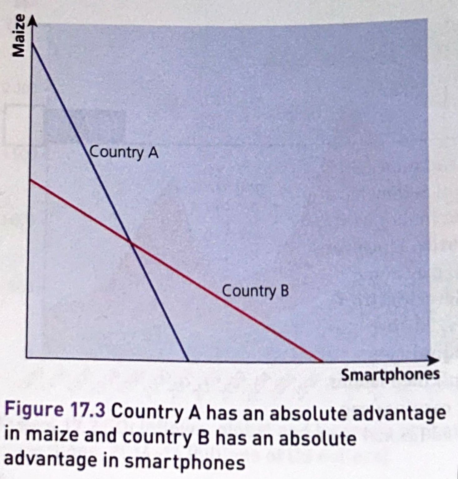 <p>Implies that a country can produce more of one product that another country can with the same amount of resources</p><p>→ Figure illustrates a situation in which country A has an absolute advantage in production of maize, and country B has absolute advantage in production of smartphones</p>