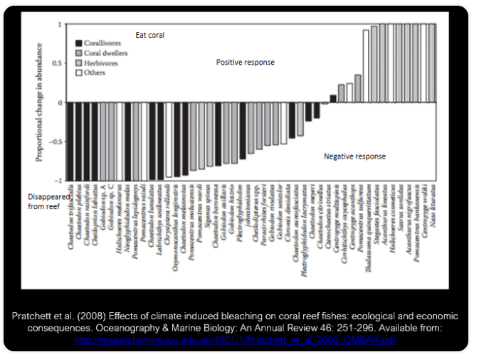 <ul><li><p>many species have completely disappeared from reef- mostly those that directly eat the coral</p></li><li><p>community has significantly reorganised and diversity has declined</p></li></ul><p></p>