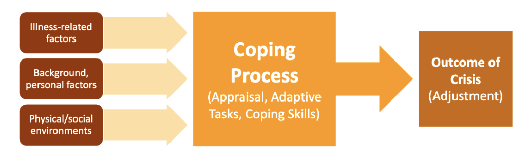 <p>Describes factors that influence how people adjust/cope after first learning they have a chronic illness.</p><p>Illness-related factors, background/personal factors, physical/social factors </p><p>→ coping process: Appraisal (perceived meaning of the illness), adaptive tasks, coping skills</p><p>→ adjustment (poor adjustment is linked to self-blame, catastrophizing)</p>