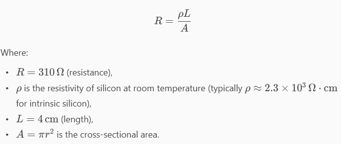 <p><span>A bar of silicon is 4 cm long with a circular cross section. If the resistance of the bar is 310 Ω at room temperature, what is the cross-sectional radius of the bar?</span></p>