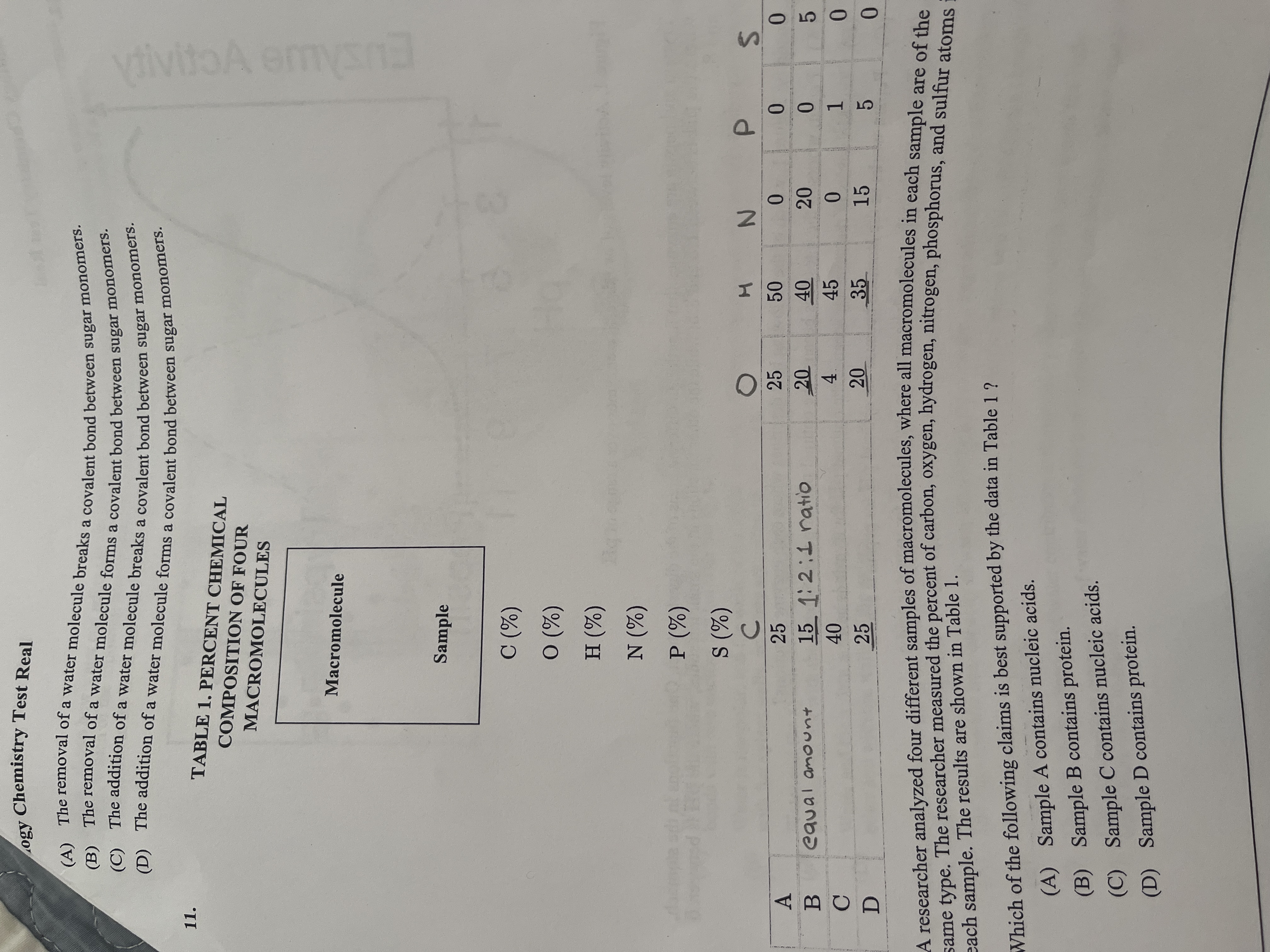 <p>A researcher analyzed four different samples of macromolecules, where all macromolecules in each sample are of the same type. The researchers measured the percent of carbon, oxygen, hydrogen, nitrogen, phosphorus, and sulfur atoms in each sample. The results are shown in table 1.</p><p>Which of the following claims is best supported by the data in Table 1?</p>