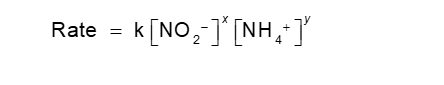 <p>To determine the rate law, choose two experiments in the data set where one reactant is constant and the other reactant varies</p><p>Set up ratio of rates versus reactant concentration</p><ul><li><p>conc ratio<sup>exponent</sup> = rate ratio</p></li></ul><p>It is useful to place the larger rate on top</p><p>The following example has NO<sub>2</sub><sup>-</sup> and NH<sub>4</sub><sup>+</sup> as reactants</p><p>Exponents and the rate constant need to be determined for</p>
