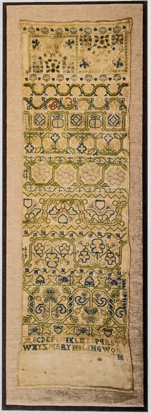 <p><strong>Description</strong>:</p><ul><li><p>Has abundant decorative floral motifs in a chain pattern and abstract, geometric designs. Reflects preference for nature in art</p></li></ul><ul><li><p>Craftsmanship of needle art represented by young woman who traveled from Massachusetts to England. Women were taught how to read and write through needlework</p></li><li><p><span>The sampler was a sampling of stitches showing off the expertise of a young embroider</span></p></li></ul><p>(English Colonies)</p>