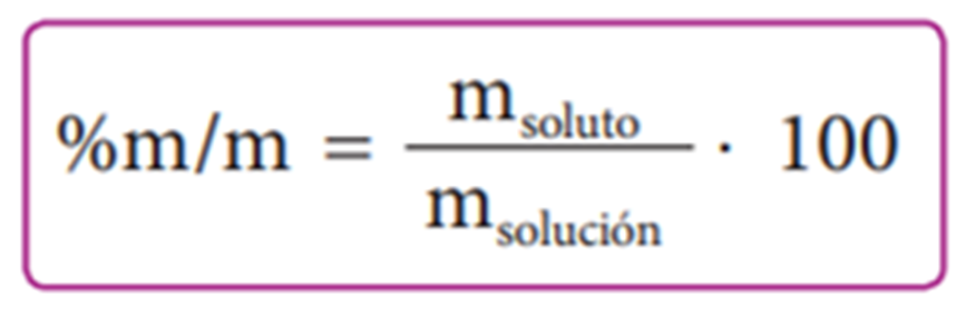 <p><span style="font-family: Calibri">Para calcular el porcentaje en masa de una solución, la masa de soluto y la masa de solución deben expresarse en la misma unidad. Es frecuente expresar la masa en gramos. La concentración de la solución expresada de esta manera se designa como % m/m, resultando la siguiente expresión:</span></p>
