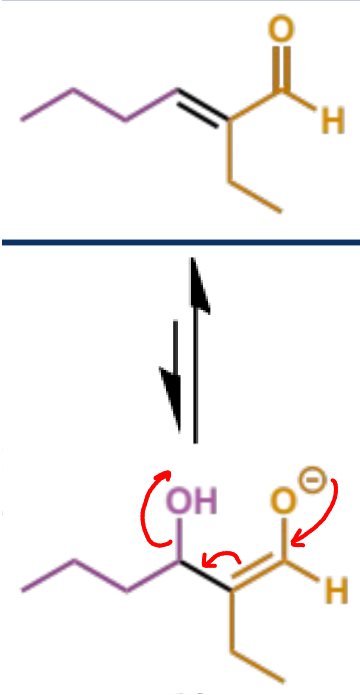 <p>E1cb (conjugate base) elimination which gives the stable, conjugated enal product - note this is different to an E2 elimination</p><p>OH leaving pushes the elimination despite it being a poor leaving group</p>
