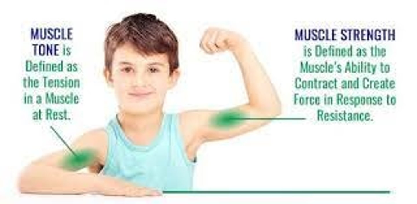 <p>tone is tension in muscle at rest--strength is tension that generates force to move or lift something (such as your arm, or a bok)</p>