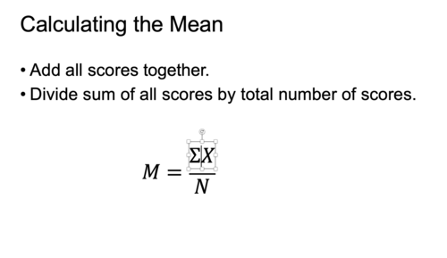 <p>a) arithmetic average</p><p>b) adding all the scores together and dividing by the total number of scores</p>