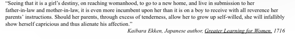 <p>The excerpt above exemplifies the continued influence on eighteenth-century Japan of which of the following? A. The Christian tradition of children respecting their parents</p><p>B. The Buddhist encouragement of female spirituality</p><p>C. The Islamic practice of women appearing modestly in public</p><p>D. The Confucian emphasis on filial submission</p>