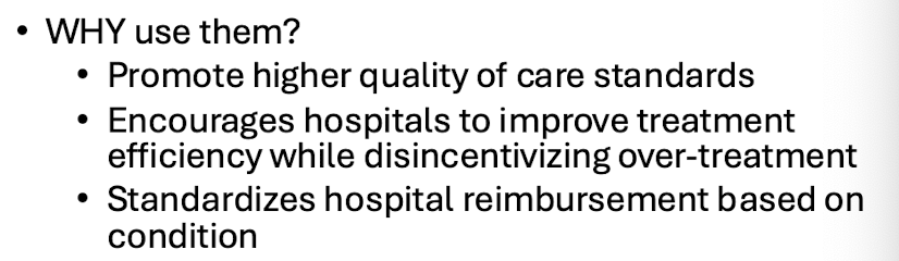 <ul><li><p>System used to categorize patients with similar diagnoses in order to better control hospital costs and determine payor reimbursement rates</p></li></ul><p></p>