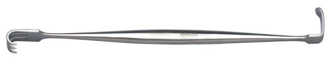 <p>used to hold back tissue from the surgical wound. 1 smooth blade, 1 blade with 3 sharp or blunt prongs</p>