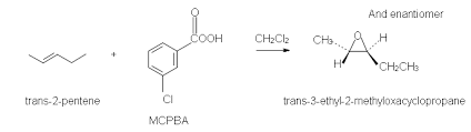 <p>Reactants: mCPBA / CH2Cl2 (solvent)</p><p><u>syn-addition, one-step</u></p><p>What happens:</p><ul><li><p>The C=C pi bond breaks</p></li></ul><ul><li><p>Two new C–O single bonds form</p></li><li><p>The (weak) O–OH bond breaks</p></li><li><p>A carboxylic acid is transferred, a new C–O pi bond forms, while the existing C-O pi bond acts as a base to remove a proton from oxygen.</p></li><li><p>cis alkene gives cis epoxide, trans alkene gives trans epoxide</p></li></ul><p></p><p><strong>NEVER gives anti addition products</strong></p>