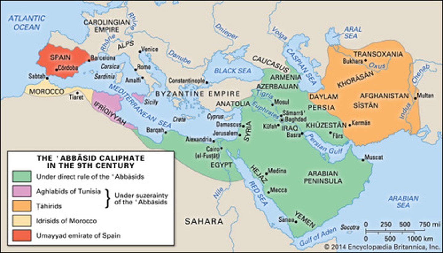 <p>-2nd caliphate succeeding the Umayyad, focused more on administration and centralization (strong bureaucracy) than conquering and expansion.</p><p>-Moved capital to Baghdad (House of Wisdom: "university" established in the 800's, served as a learning and education center for the empire, many Greek and Persian texts were translated into Arabic)</p><p>-Madrasa: colleges for higher instruction in the teachings of Islam as well as in secular subjects, founded throughout the Islamic world; helped preserve western European traditions and literature</p><p>-Persian descent, were considered Mawali (Non-Arab converts to Islam); granted full acceptance in the community of believers.</p><p>-Paper-making, "Arabic" numerals, the astrolabe, literature (1001 Arabian Nights)</p><p>-Suffered invasions (Seljuk Turks, European Crusades, the MONGOLS 1258)</p>