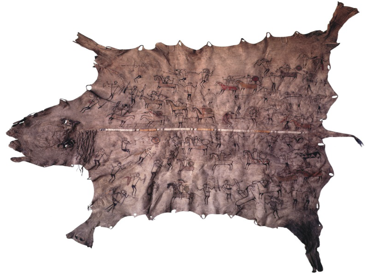 <p><span><span>Buffalo robe painted with narrative scenes</span></span></p>