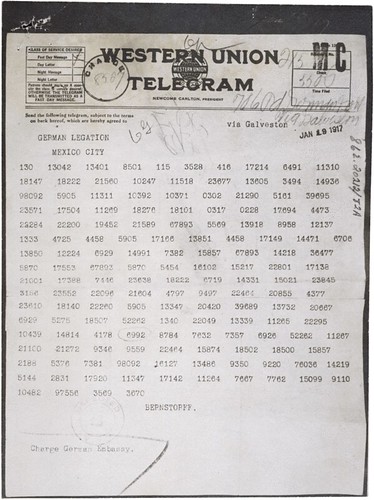 decoded message from German diplomat to Mexico offering U.S. territory (Texas) if Mexico fought the U.S. in WWI.