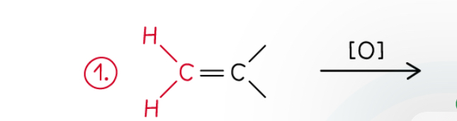 <p>How do alkenes with C atom attached to <strong>2 hydrogens </strong>react when oxidised by <strong>hot concentrated KMnO4.</strong></p>