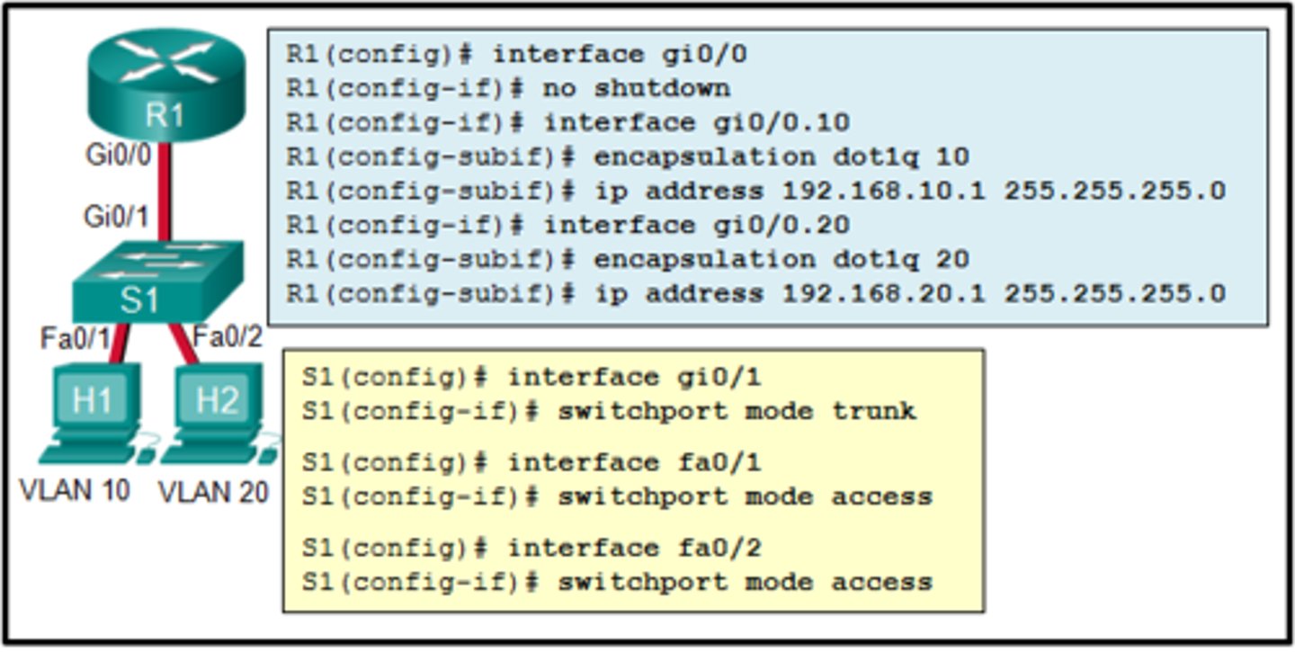 <p>Refer to the exhibit. The configuration shows commands entered by a network administrator for inter-VLAN routing. However, host H1 cannot communicate with H2. Which part of the inter-VLAN configuration causes the problem?</p><p>trunking</p><p>port mode on the two switch FastEthernet ports</p><p>VLAN configuration</p><p>router port configuration</p>