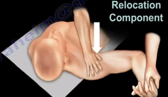 anterior instability 
apprehension: Arm abducted to 90 degrees, shoulder slowly rotated externally from pulling at the hand, and blocking at the shoulder 
relocation: patient lying supine, the shoulder at 90 degrees and the elbow