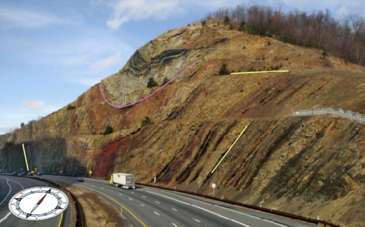 Sideling Hill, in western Maryland, is a northeast-southwest-trending ridge underlain by Paleozoic sandstone, shale, and coal. This fold formed due to the collision of Africa with North America. Note that the compass shown over the highway points approximately north. What kind of fold is this?

a. monocline

b. syncline

c. homocline

d. anticline