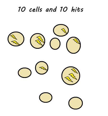 <p>Not all cancer cells get hit. </p><p>Some don’t get hit at all</p><p>Others get several hits</p><p>e.g. if we have 10 cells, we have 10 hits but not all cells get hit.</p><p></p>