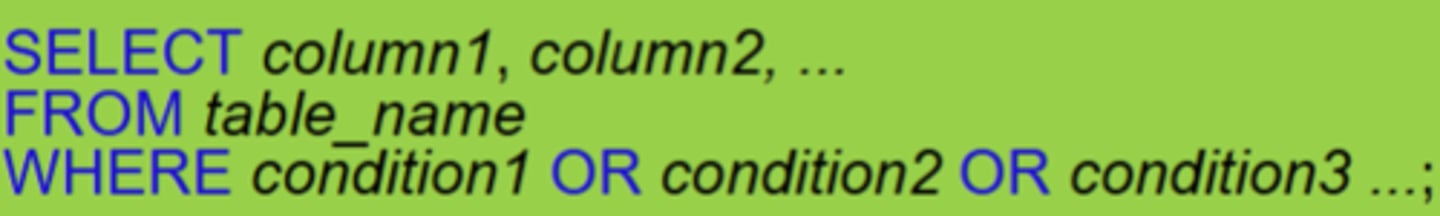 <p>used with the WHERE clause</p><p>displays a record if any of the conditions separated by OR are True</p>