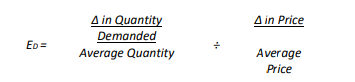<p>(Change in Quantity Demanded/Average Quantity) ÷ (Change in price/Average price)</p>