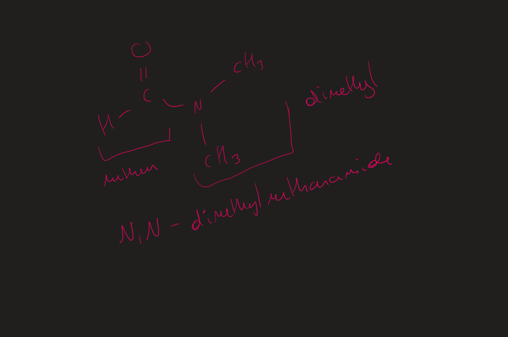 <p>N,N then R group attached to N →  prefix ( alphabetical order)</p><p>R attached to carbonyl = stem + amide </p>