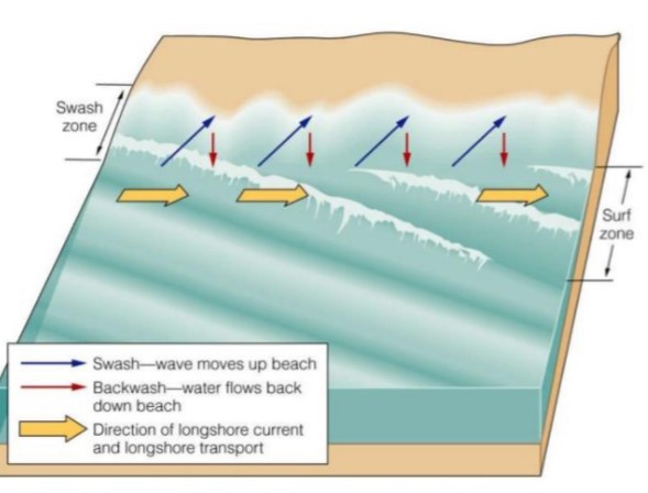 <p>wave refraction of swash (angled) and perpendicular direction of backwash</p>