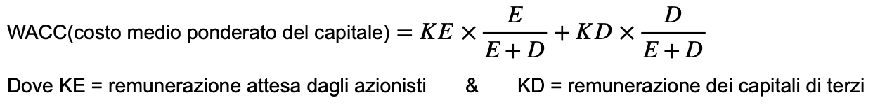 <p>Il <strong><span>profitto</span></strong> non è un margine ma è un <strong>eccedenza del reddito sul livello di remunerazione considerata normale.</strong></p><p class="p1">La definizione del prezzo e del target profit : ROI=ROS x V/CI</p><p class="p1">Livello di profitto atteso = reddito contabile – reddito operativo normale</p><p class="p1">dove il reddito op. normale è dato da WACC x capitale investito</p><p class="p1">dove il WACC(costo medio ponderato del capitale) è dato dalla formula nell’immagine</p><p class="p1">Ottenuto il reddito operativo normale si confronta con il reddito operativo programmato o consuntivo.</p><p class="p1">In sostanza, bisogna determinare il mix capitale proprio/capitale di terzi. In sede di pianificazione di lungo termine, l’azienda deve darsi una struttura finanziaria, e si possono utilizzare questi coefficienti per determinare il WACC.<span>&nbsp;</span></p><p class="p1">Sia per quanto riguarda il reddito netto che operativo se reddito > reddito normale si crea valore<span>.</span></p><p class="p1">Quindi quando sviluppiamo nuovi prodotti dobbiamo programmare un reddito, di solito <strong>operativo</strong>, che sia superiore al reddito operativo normale. Anche gli indicatori come <strong>ROS</strong>, <strong>ROI</strong>, <strong>ROE</strong> (con leva finanziaria) devono essere scelti in modo da restituire un reddito operativo che crea valore.</p><p class="p2">Quando RO – WACC × C è maggiore di zero, siamo in area di creazione di valore.<span>&nbsp;</span></p>