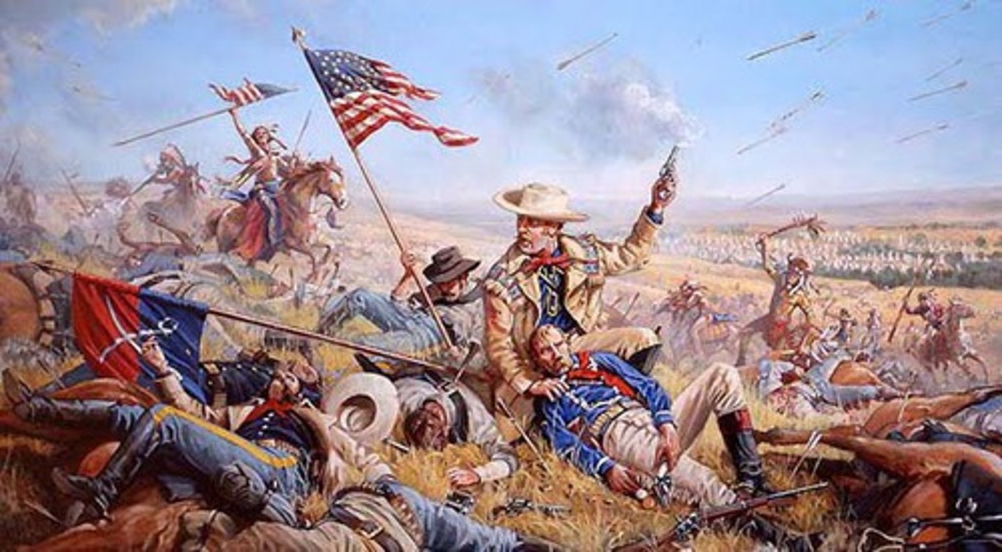 <p>1876 Sioux victory led by Sitting Bull and Crazy Horse over army troops led by George Custer</p>