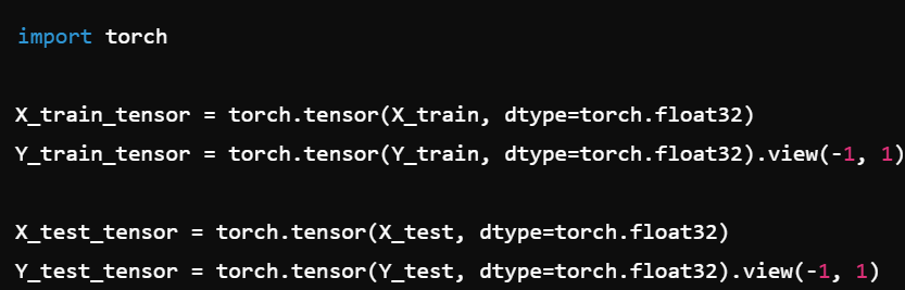 <ul><li><p>We convert arrays to tensors using <code>torch.tensor()</code>.</p></li><li><p>We use <code>.view(-1, 1)</code> on labels to match the model’s expected shape (one column per sample).</p></li></ul><p></p>