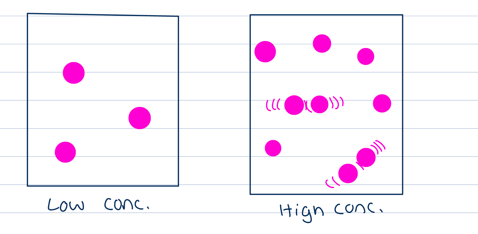 <p>As concentration increases the frequency of collisions between reactants particles increase therefore the frequency of successful collisions increases too, increasing ROR</p><p>More particles closer together, greater chance of reacting </p><p>As reactants are used up, their concentration falls and the ROR decreases which is why we see curve </p>