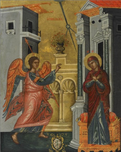 <p>Icon of the virgin Mary meditating and being interrupted by the angle Gabriel telling her that she will be the mother of Jesus. </p>