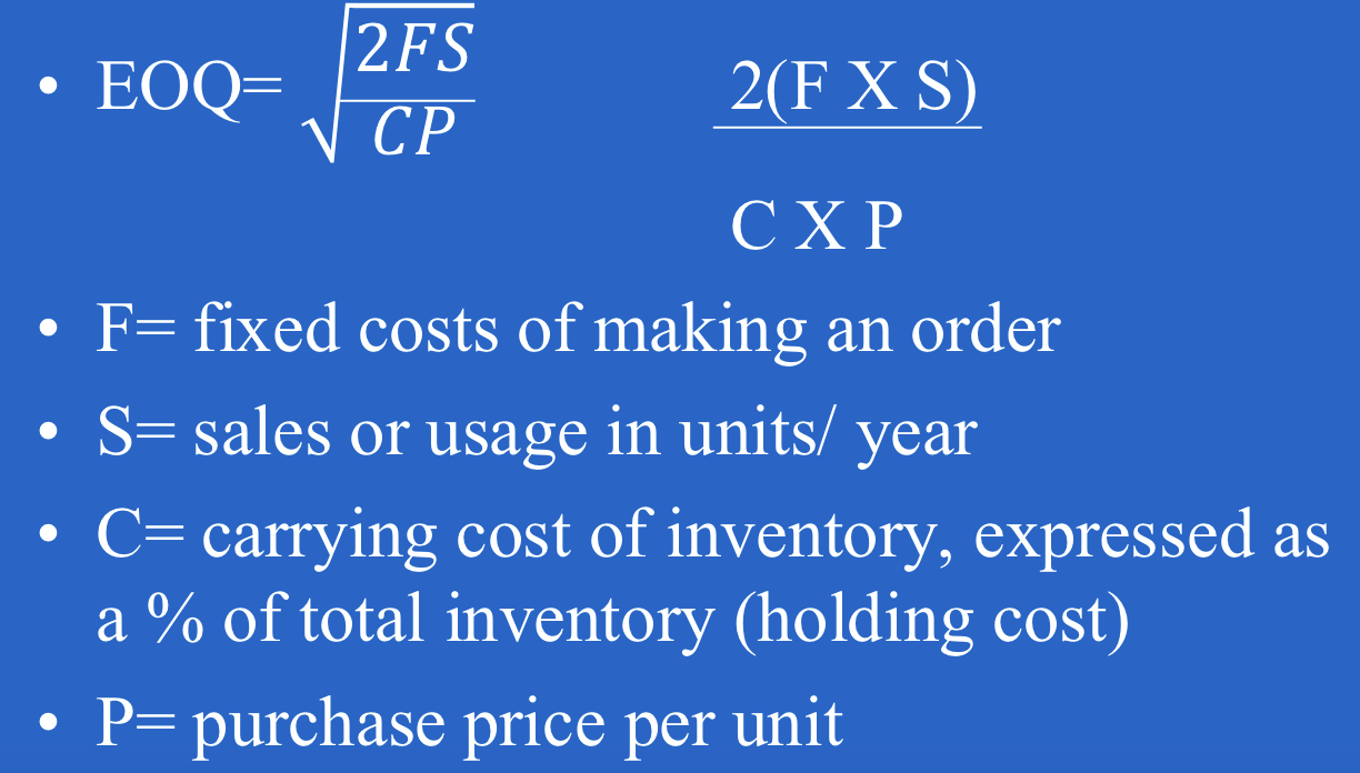<ul><li><p><span style="font-size: calc(var(--scale-factor)*32.27px);"><span>Attempts to find the quantity that minimizes both purchasing and inventory costs</span></span></p></li><li><p><span style="font-size: calc(var(--scale-factor)*32.3px);"><span>Order size that is most economical</span></span></p></li></ul><p></p>